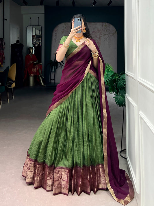 Dola Chex Zari Weaving 4-Meter Flared Stitched Lehenga Set with Unstitched Blouse & Zari Border Georgette Dupatta