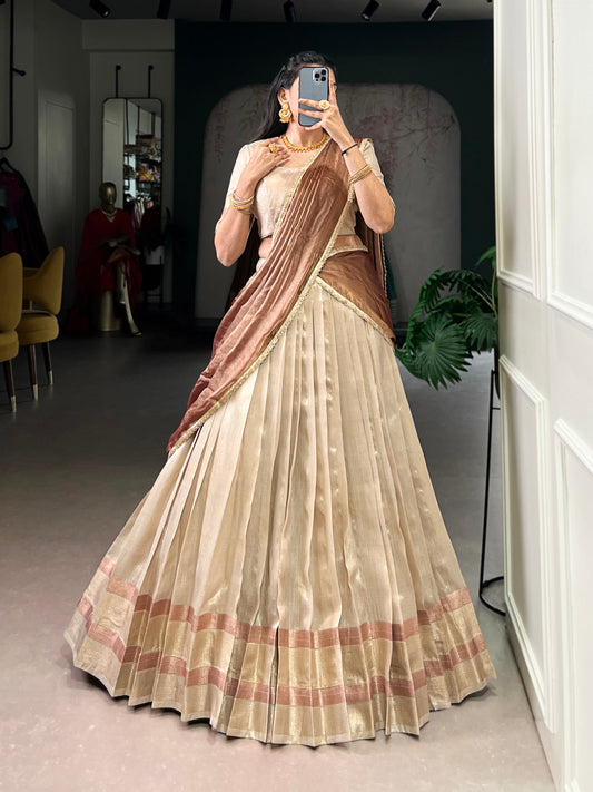 Dupion Silk Zari Woven 4-Meter Flared Stitched Lehenga Set with Stitched Blouse & Zari Shimmer Dupatta