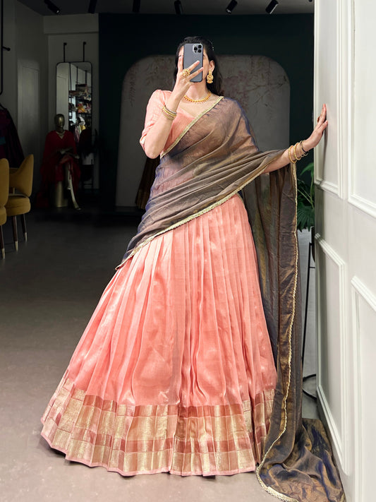 Dupion Silk Zari Woven 4-Meter Flared Stitched Lehenga Set with Stitched Blouse & Zari Shimmer Dupatta
