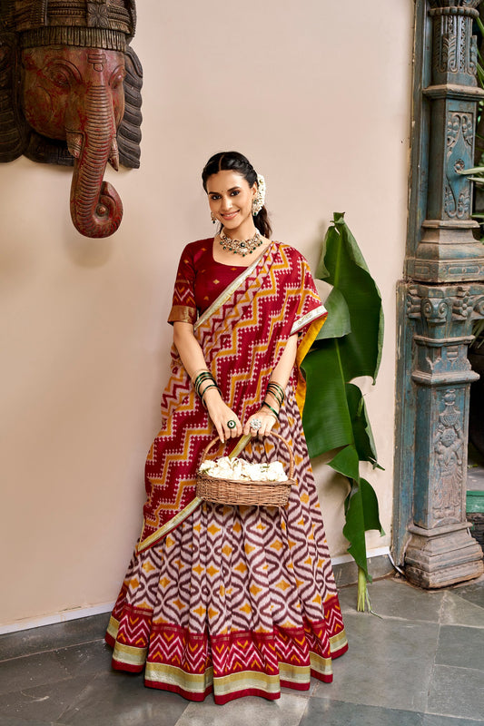 Tussar Silk Ikat & Foil Printed 3.80-Meter Flared Lehenga Set with Embossed Lace Dupatta & Unstitched Blouse