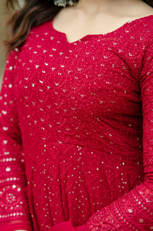 Georgette Embroidered Red Anarkali Suit With Dupatta