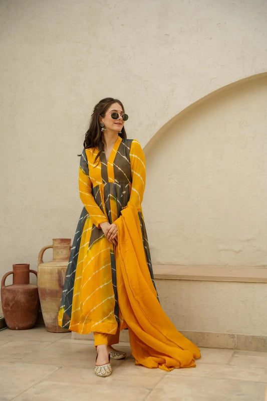 Mustard & Black Color Organza Anarkali Suit Set