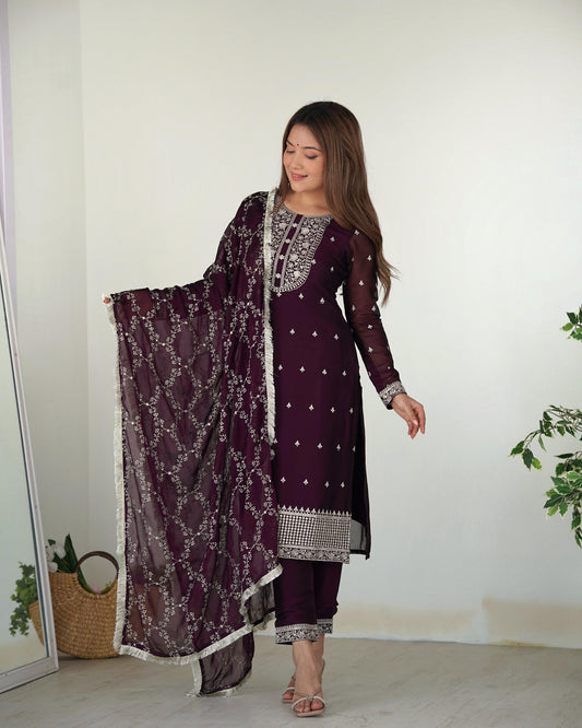 Wine Color Rangoli Silk Three Piece Kurti Suit