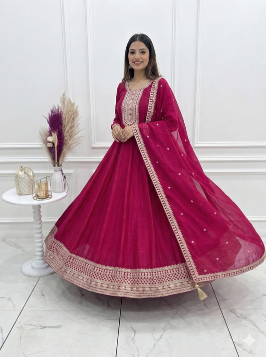 Pure Vichitra Silk Flared Anarkali Gown Set with Dori Sequins Embroidery & Tasseled Dupatta