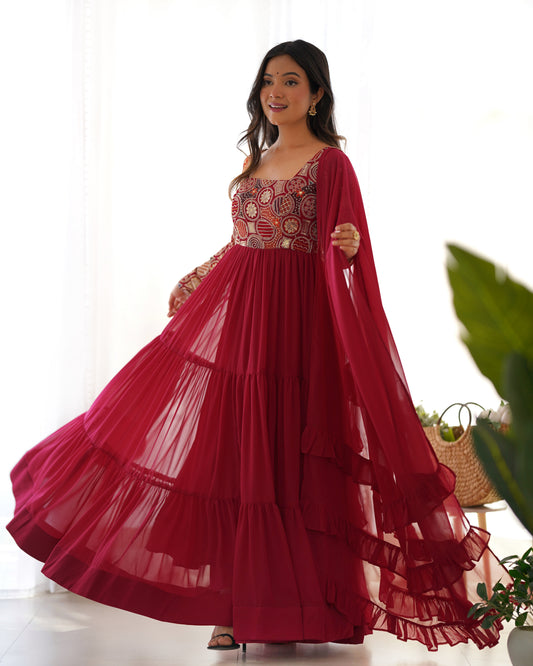 Pure Soft Fox Georgette 9-Needle Thread Embroidered 8+ Meter Flared Anarkali Set with Ruffle Dupatta & Pant