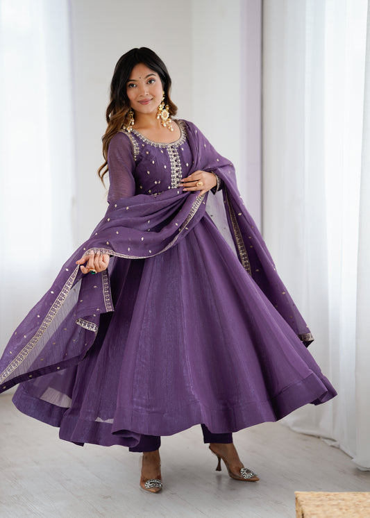 Pure Crunchy Silk 4-Meter Flared Anarkali Set with Potli Button Yoke, Dori Sequins Embroidery, Pant & Dupatta