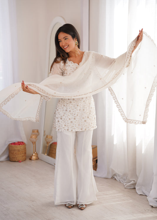 Glamorous Crunchy Silk Embroidered Bell-Bottom Suit Set with Sequence Work & Dupatta