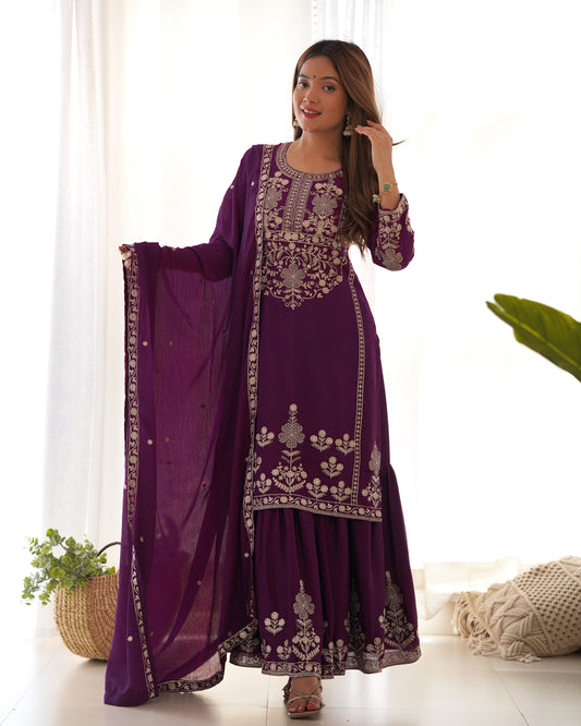 Pure Chinnon Silk Sequins & Zari Embroidered Kediya Kurta with Flared Sharara & Dupatta Set