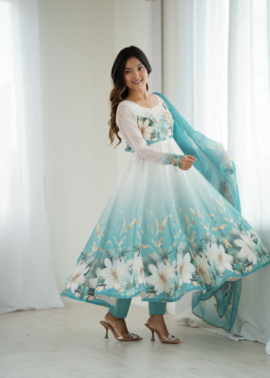 Pure Soft Organza Silk Floral Printed 4-Meter Flared Kali Pattern Anarkali Set with Badla Zari Handwork, Pant & Dupatta