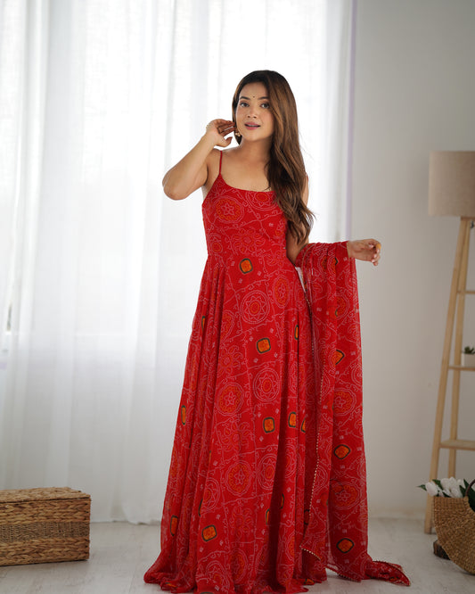 Pure Soft Lightweight Chiffon Bandhej 8-Meter Flared Anarkali Gown Set with Backless Dori Design, Dupatta & Pant