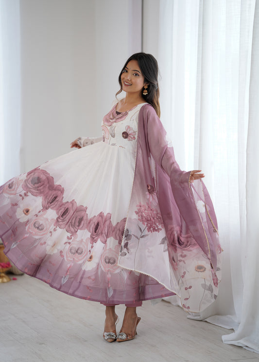 Pure Soft Organza Silk Floral Printed 4-Meter Flared Kali Pattern Anarkali Set with Badla Zari Handwork, Pant & Dupatta