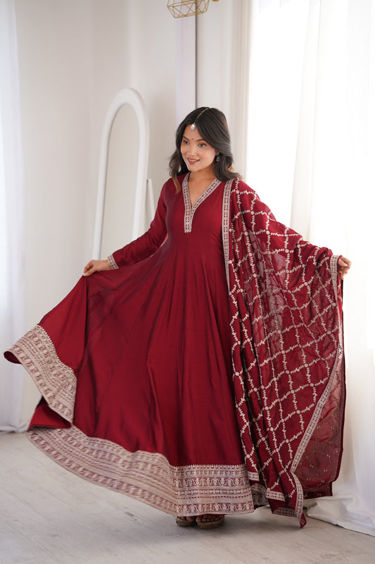 Pure Blooming Vichitra Silk Flared Anarkali Gown Set with Dori Sequins Embroidery & Tasseled Shawl Dupatta