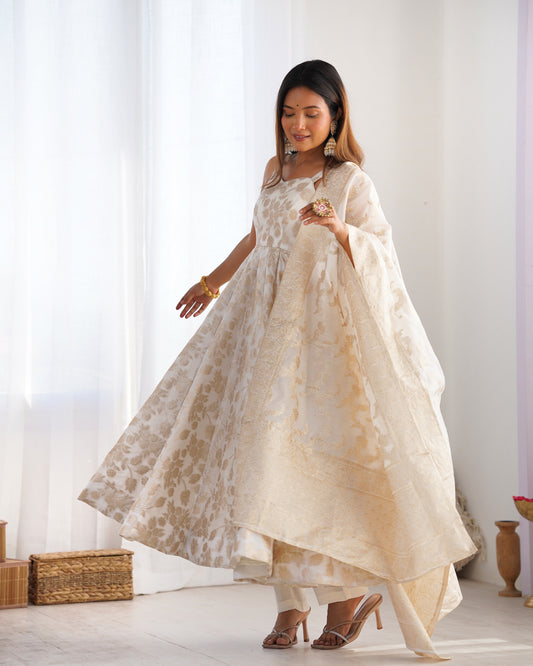 Fancy Banarasi Jacquard Dola Silk 4-Meter Flared Kali Pattern Anarkali Set with Backless Dori Design, Dupatta & Pant