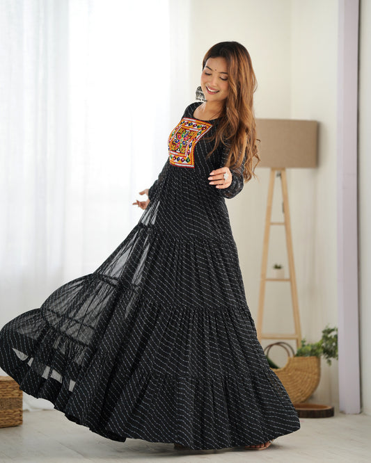 Pure Soft Fox Georgette Laheriya Print 7+ Meter Flared Anarkali Gown with Gamthi Yoke Patch & Back Dori Pattern