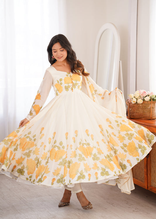 PURE SOFT ORGANJA SILK FABRIC FULLY FLARE KALI PATTERN AND CANVAS PATTA WITH DUPATTA SET,PENT
