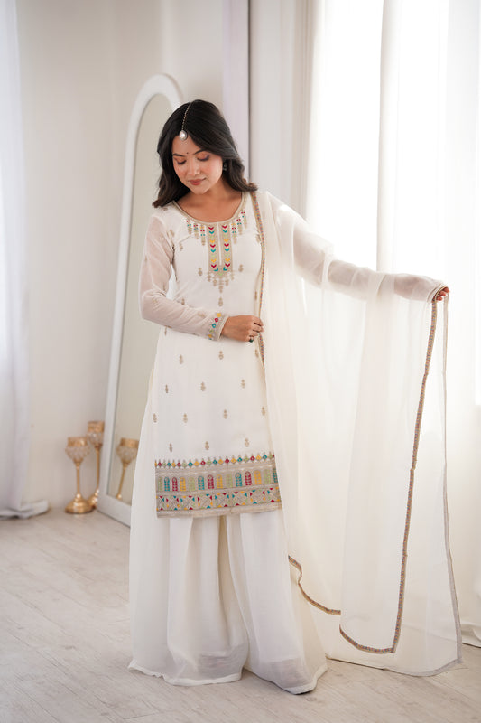 Pure Soft Crunchy Silk Sequins, Dori & Zari Embroidered Top with Flared Sharara & Multi-Colour Lace Dupatta Set