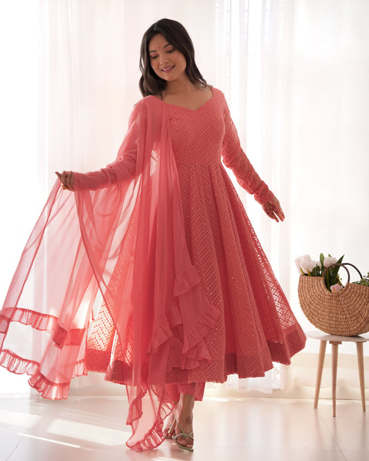 Pure Soft Fox Georgette Lucknowi Sequins & Thread Work 4-Meter Flared Kali Pattern Anarkali Set with Ruffle Dupatta & Pant