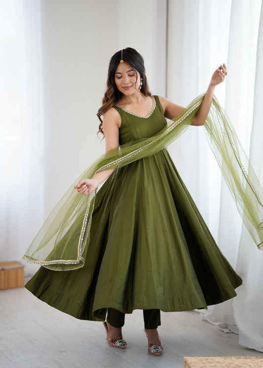 Pure Roman Silk Chanderi 4+ Meter Flared Anarkali Set with Fancy Yoke Lace, Mirror Lace Net Dupatta & Pant