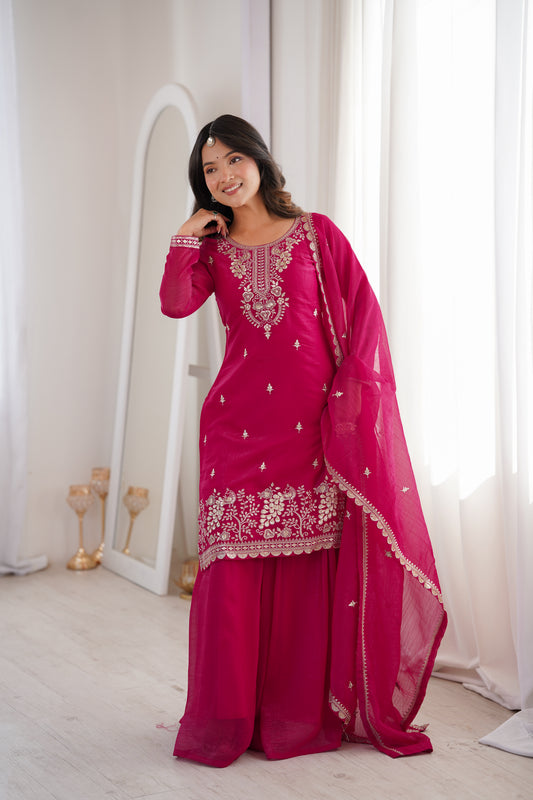 Pure Soft Crunchy Silk Sequins, Thread & Zari Embroidered Top with Flared Sharara & Dupatta Set