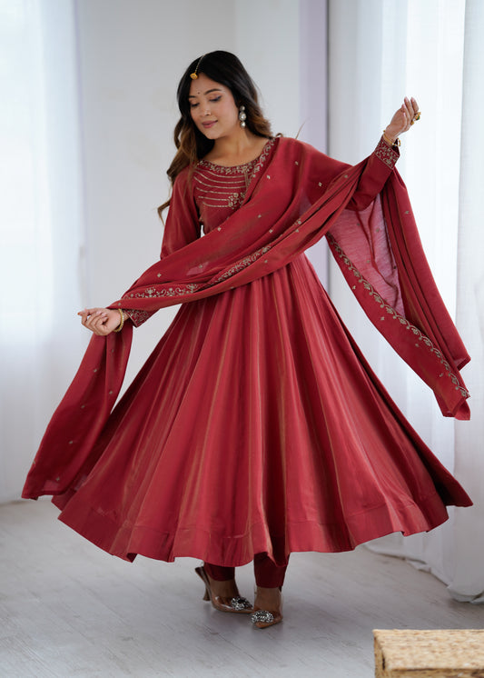 Pure Roman Shimmer Chanderi Silk 16-Kali 4-Meter Flared Anarkali Set with Handwork Beads Yoke, Pant & Embroidered Dupatta