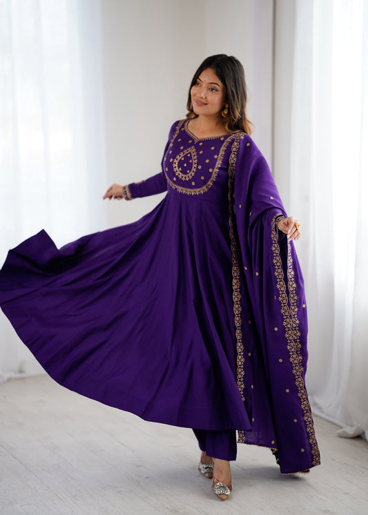 Pure Roman Chanderi Silk 16-Kali 4-Meter Flared Anarkali Set with Handwork Beads Yoke, Pant & Embroidered Dupatta