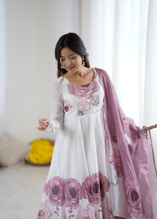 Pure Soft Organza Silk Floral Printed 4-Meter Flared Kali Pattern Anarkali Set with Badla Zari Handwork, Pant & Dupatta