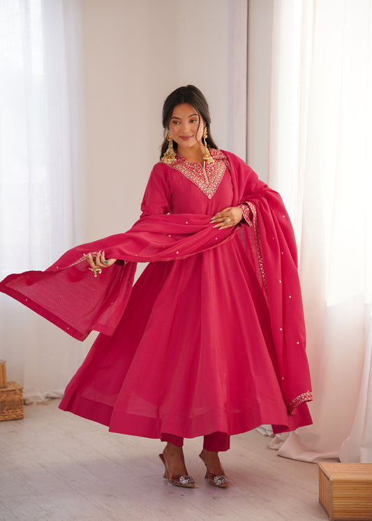 Pure Roman Shimmer Silk 4-Meter Flared Anarkali Set with Dori Sequins Yoke, Pant & Embroidered Dupatta