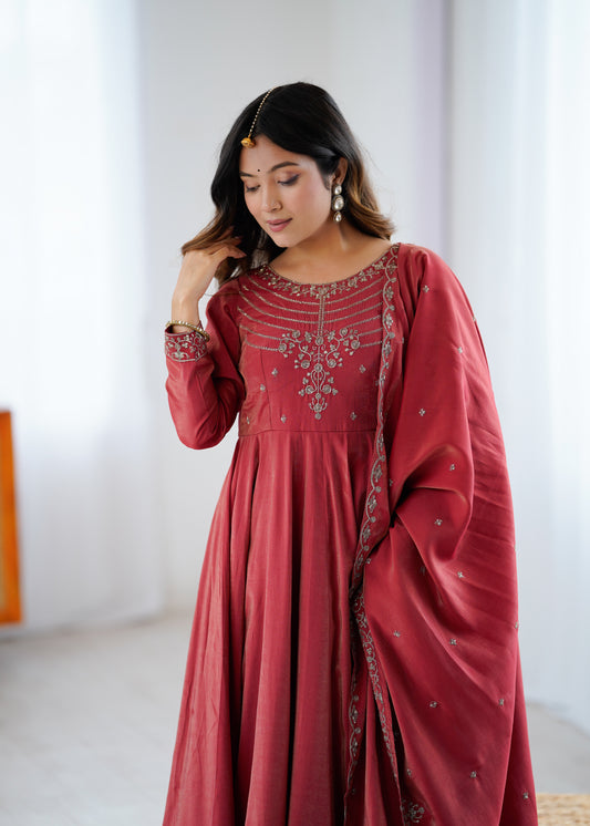Pure Roman Shimmer Chanderi Silk 16-Kali 4-Meter Flared Anarkali Set with Handwork Beads Yoke, Pant & Embroidered Dupatta