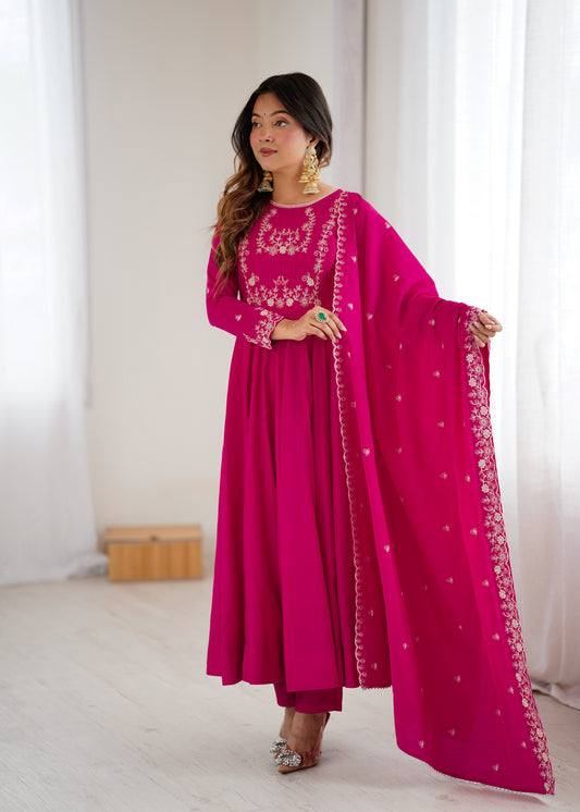 Pure Roman Chanderi Silk 16-Kali 4-Meter Flared Anarkali Set with Handwork Beads Yoke, Pant & Embroidered Dupatta