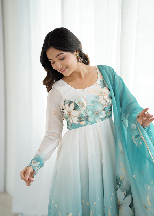 Pure Soft Organza Silk Floral Printed 4-Meter Flared Kali Pattern Anarkali Set with Badla Zari Handwork, Pant & Dupatta