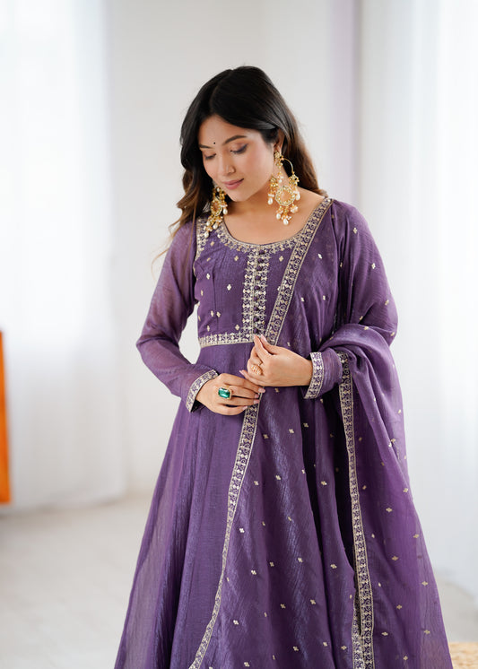 Pure Crunchy Silk 4-Meter Flared Anarkali Set with Potli Button Yoke, Dori Sequins Embroidery, Pant & Dupatta