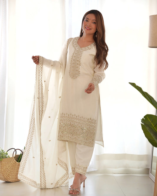Pure Chinon Silk Straight-Fit Yoke Embroidered Sequins & Zari Work Kurta Set with Trousers & Dupatta