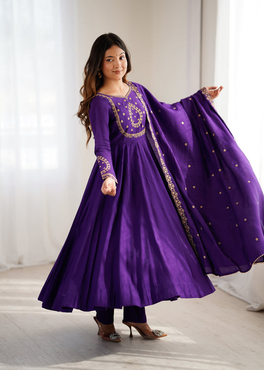 Pure Roman Chanderi Silk 16-Kali 4-Meter Flared Anarkali Set with Handwork Beads Yoke, Pant & Embroidered Dupatta