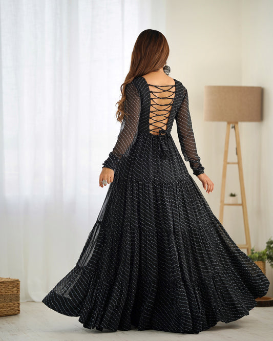 Pure Soft Fox Georgette Laheriya Print 7+ Meter Flared Anarkali Gown with Gamthi Yoke Patch & Back Dori Pattern