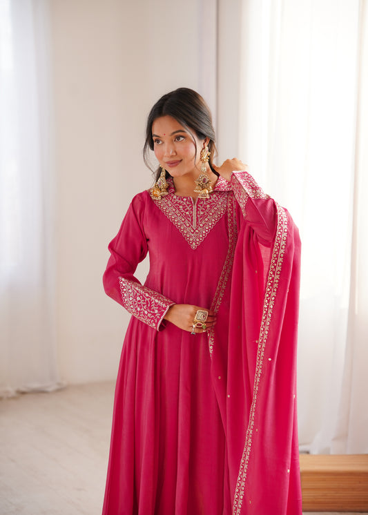 Pure Roman Shimmer Silk 4-Meter Flared Anarkali Set with Dori Sequins Yoke, Pant & Embroidered Dupatta