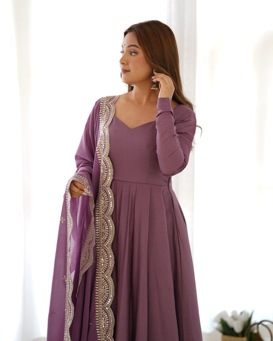 Pure Roman Silk Chanderi 16-Kali 5.5-Meter Flared Anarkali Set with Cutwork Sequins Georgette Dupatta & Pant