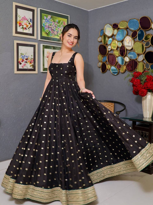 Classic Black Anarkali Gown with Heavy Embroidered Golden Border With Dupatta