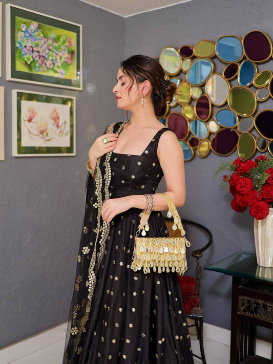 Classic Black Anarkali Gown with Heavy Embroidered Golden Border With Dupatta