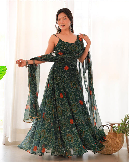 Floral Bandhani Print Soft Chiffon Dark Green Anarkali Gown