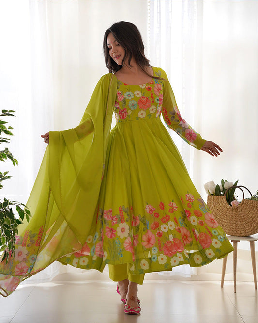 Floral Print Organza Three Piece Light Green Anarkali Suit Set