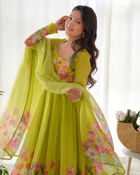 Floral Print Organza Three Piece Light Green Anarkali Suit Set