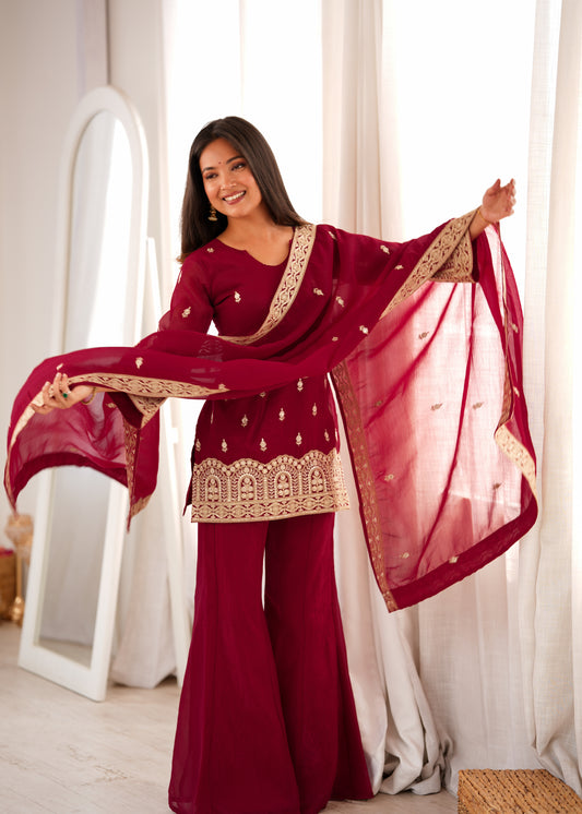 CRUNCHY SILK FABRIC WITH EMBROIDERY SEQUENCE,DORI AND JARI WORK,TOP WITH DUPATTA SET,BELL BOTTOM PENT