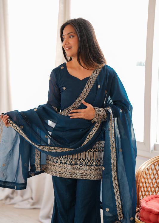 CRUNCHY SILK FABRIC WITH EMBROIDERY SEQUENCE AND JARI WORK,TOP WITH DUPPTA SET,BELL BOTTOM PENT
