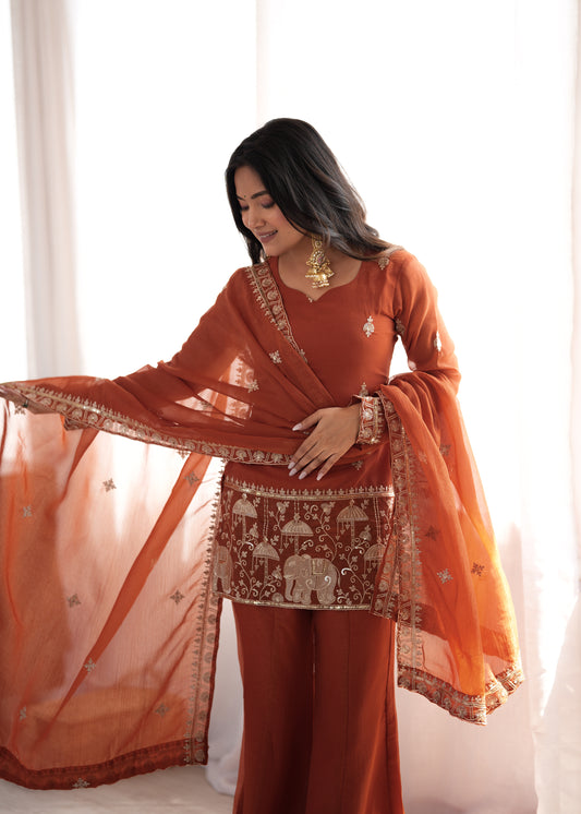 CRUNCHY SILK FABRIC WITH EMBROIDERY SEQUENCE AND JARI WORK,TOP WITH DUPPTA SET,BELL BOTTOM PENT