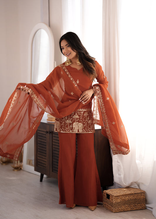 CRUNCHY SILK FABRIC WITH EMBROIDERY SEQUENCE AND JARI WORK,TOP WITH DUPPTA SET,BELL BOTTOM PENT