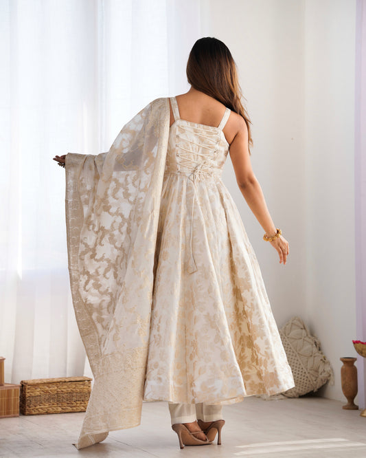 Fancy Banarasi Jacquard Dola Silk 4-Meter Flared Kali Pattern Anarkali Set with Backless Dori Design, Dupatta & Pant