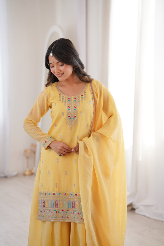 Pure Soft Crunchy Silk Sequins, Dori & Zari Embroidered Top with Flared Sharara & Multi-Colour Lace Dupatta Set