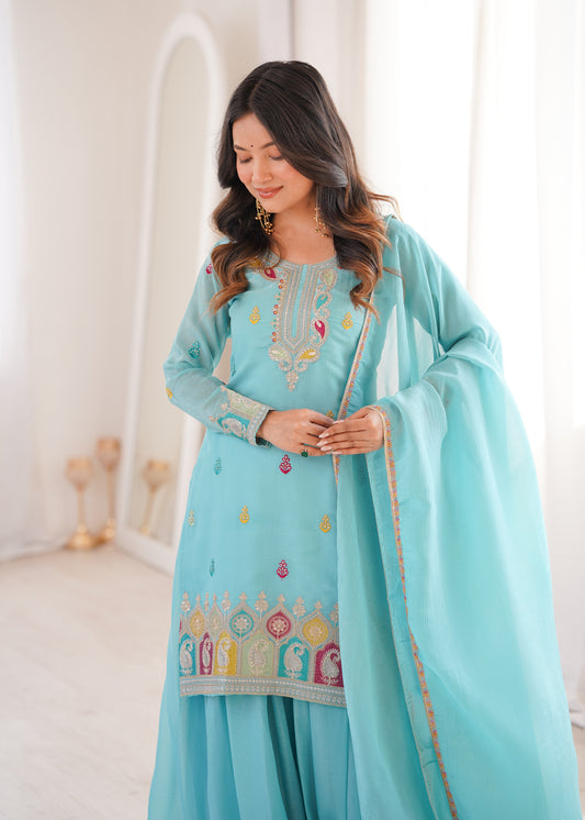 Pure Soft Crunchy Silk Sequins, Dori & Zari Embroidered Top with Flared Sharara & Multi-Colour Lace Dupatta Set