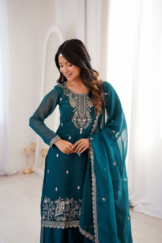 Pure Soft Crunchy Silk Sequins, Thread & Zari Embroidered Top with Flared Sharara & Dupatta Set