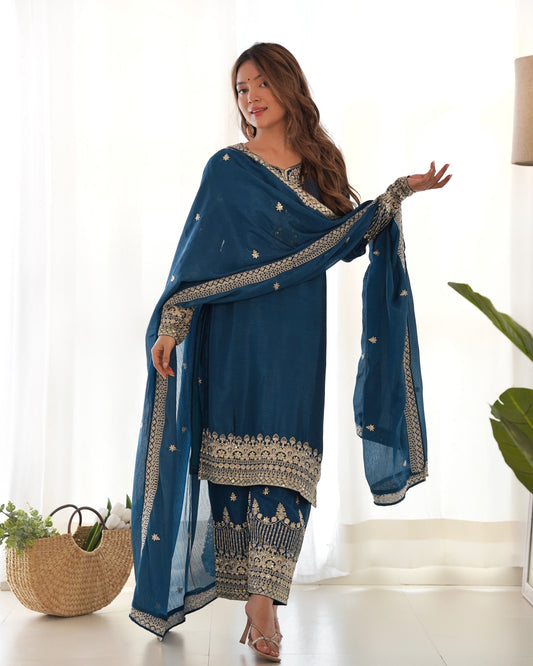Pure Chinon Silk Straight-Fit Embroidered Sequins & Zari Work Kurta Set with Trousers & Dupatta